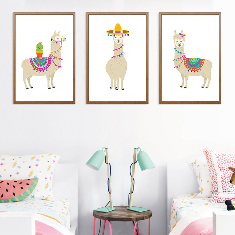 Kids Cute Alpaca Wrapped Canvas for Children Bedroom Wall Art Decor in White, Multiple Sizes