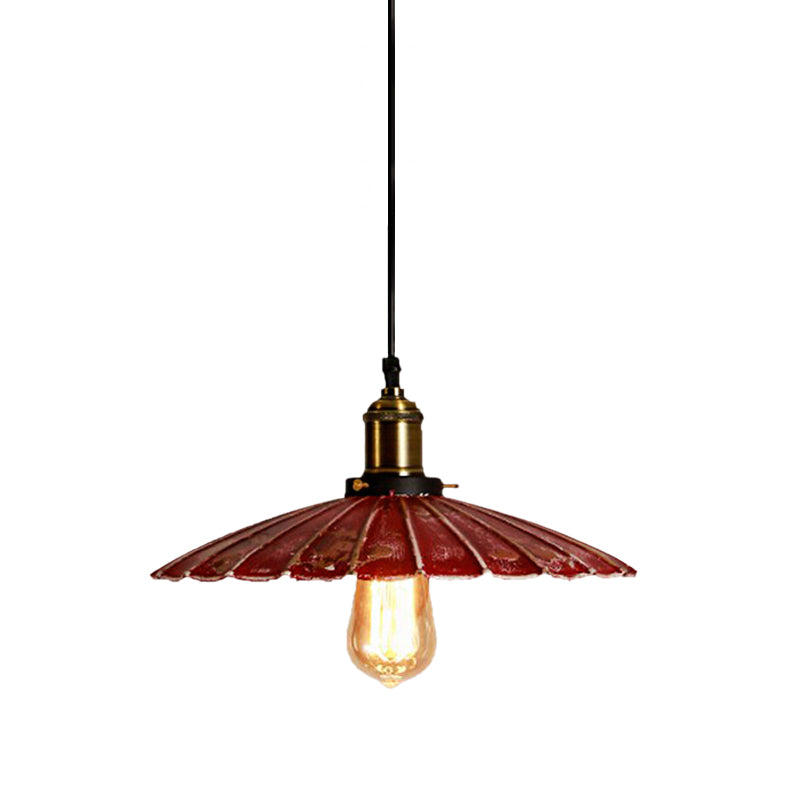 Red Scalloped Shade Hanging Light Fixture Rustic Style Metallic 1 Bulb Coffee Shop Pendant Lamp