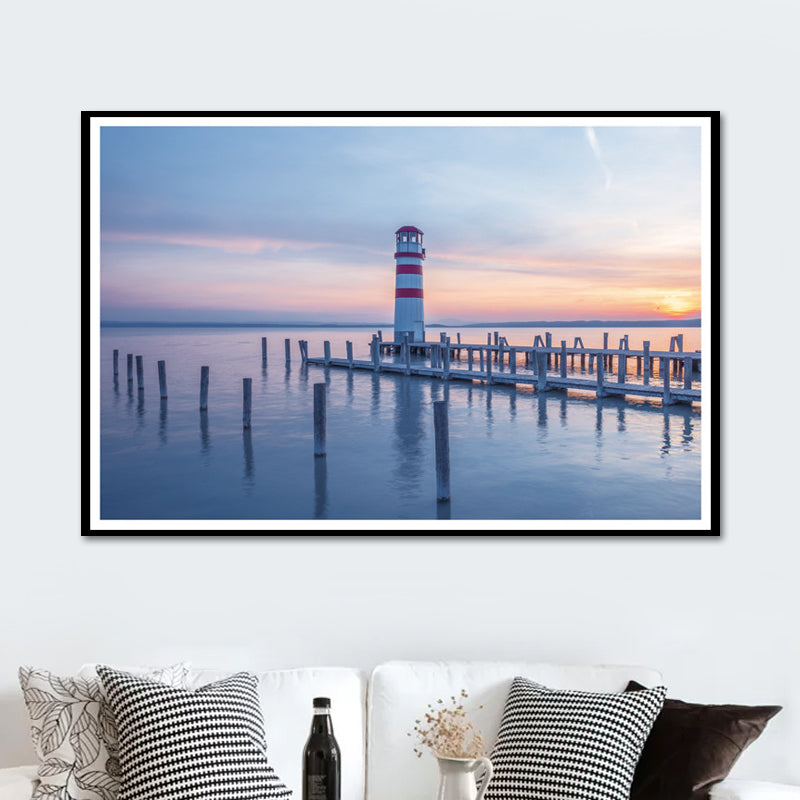 Lighthouse Sunset Seascape Canvas Art Modernism Textured Wall Decor in Blue for Home