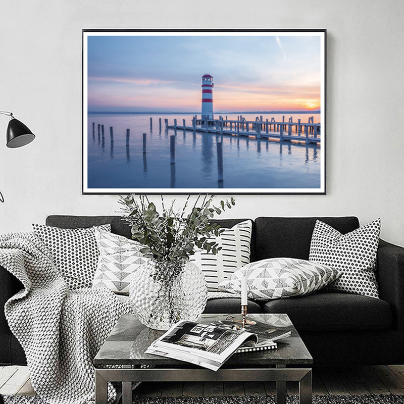 Lighthouse Sunset Seascape Canvas Art Modernism Textured Wall Decor in Blue for Home