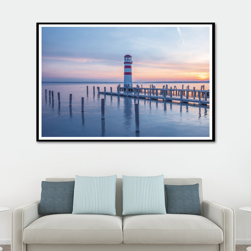 Lighthouse Sunset Seascape Canvas Art Modernism Textured Wall Decor in Blue for Home