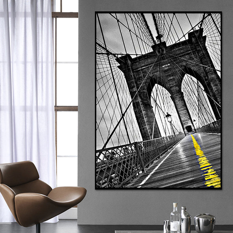 Photographic Bridge Front Canvas Wall Art for Dining Room, Grey and Yellow, Texture