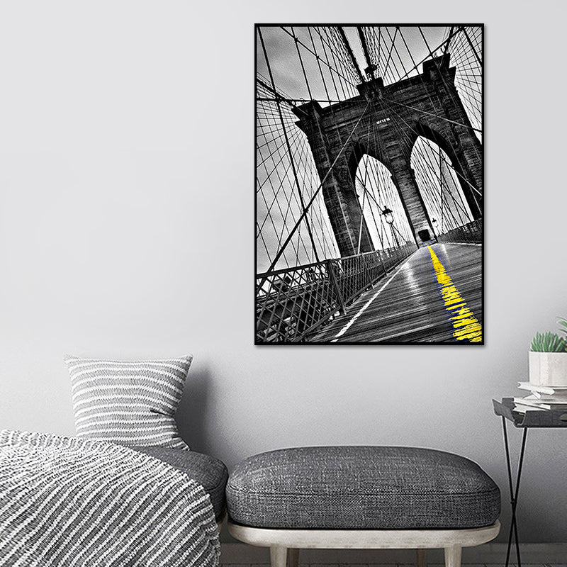 Photographic Bridge Front Canvas Wall Art for Dining Room, Grey and Yellow, Texture