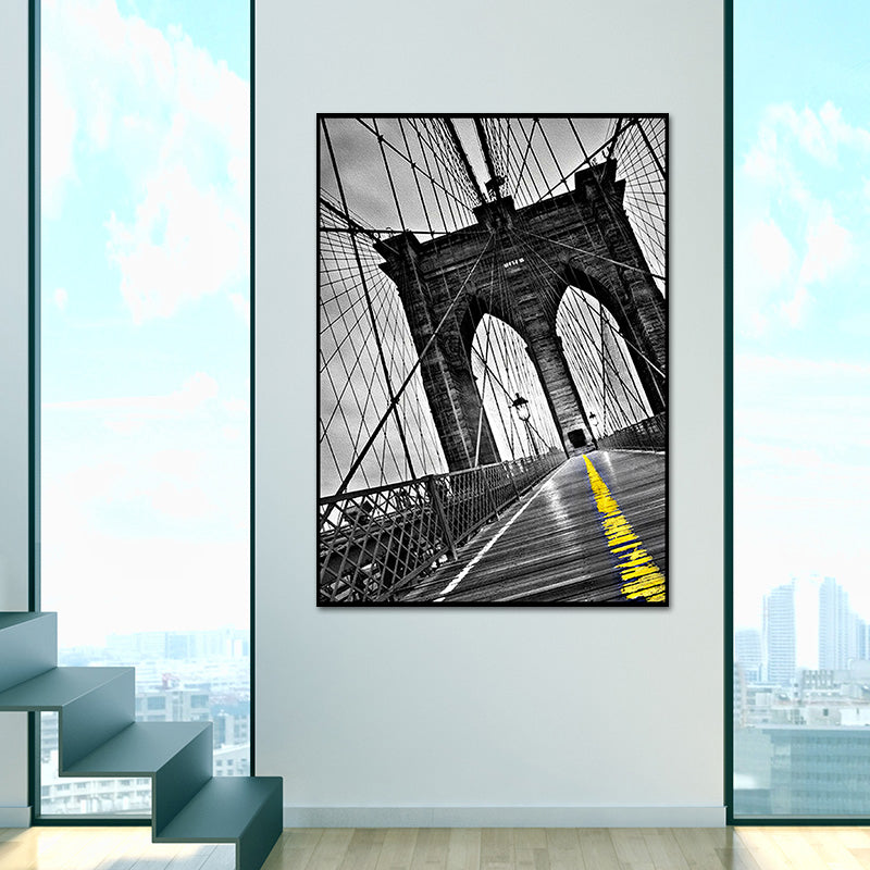 Photographic Bridge Front Canvas Wall Art for Dining Room, Grey and Yellow, Texture