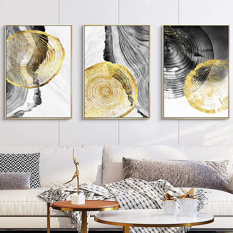 Wood Annual Rings Wall Art in Black and Gold Simplicity Wrapped Canvas for Living Room