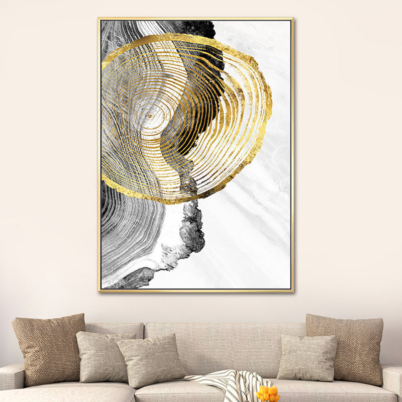 Wood Annual Rings Wall Art in Black and Gold Simplicity Wrapped Canvas for Living Room