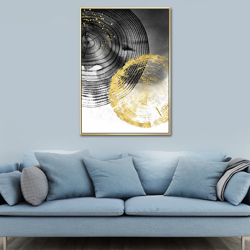 Wood Annual Rings Wall Art in Black and Gold Simplicity Wrapped Canvas for Living Room