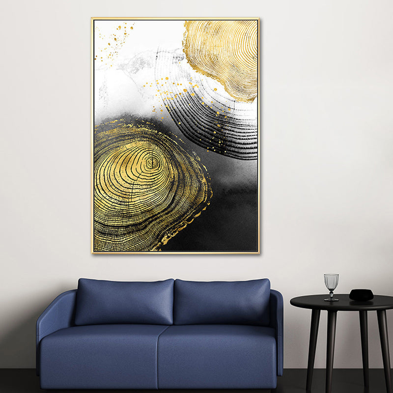 Wood Annual Rings Wall Art in Black and Gold Simplicity Wrapped Canvas for Living Room