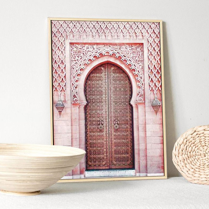 Pink Arched Door Wall Decor Architecture Modernist Textured Canvas Wall Art for Room