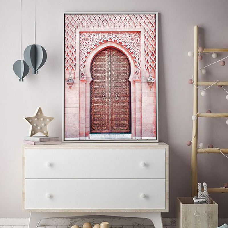 Pink Arched Door Wall Decor Architecture Modernist Textured Canvas Wall Art for Room