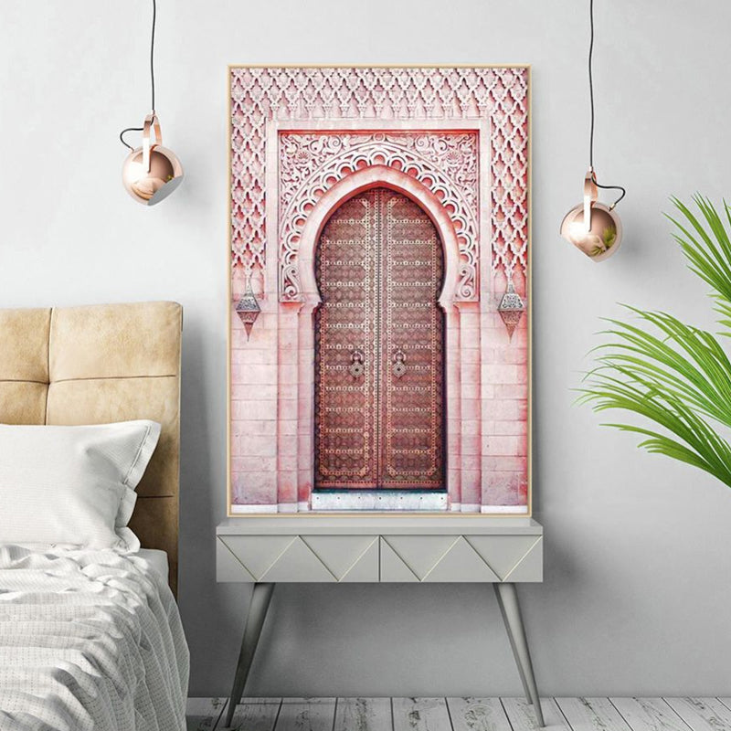 Pink Arched Door Wall Decor Architecture Modernist Textured Canvas Wall Art for Room