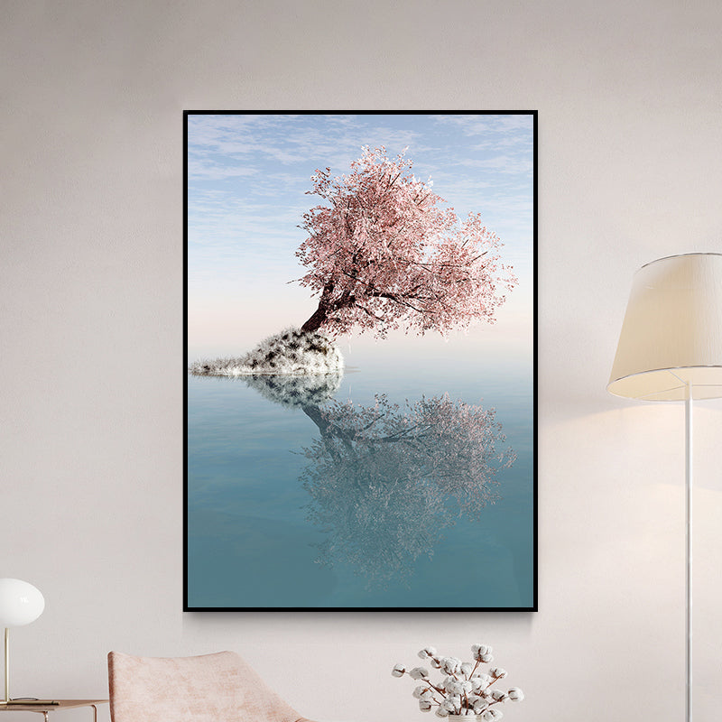 Blossom Tree on Lake Art Print Contemporary Canvas Wall Decor in Pink for Bedroom