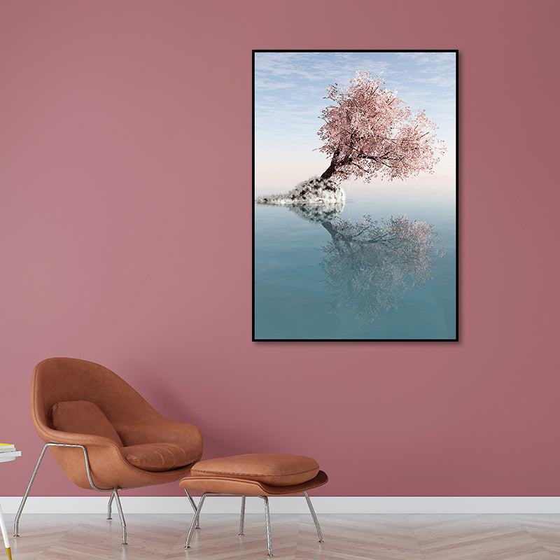 Blossom Tree on Lake Art Print Contemporary Canvas Wall Decor in Pink for Bedroom