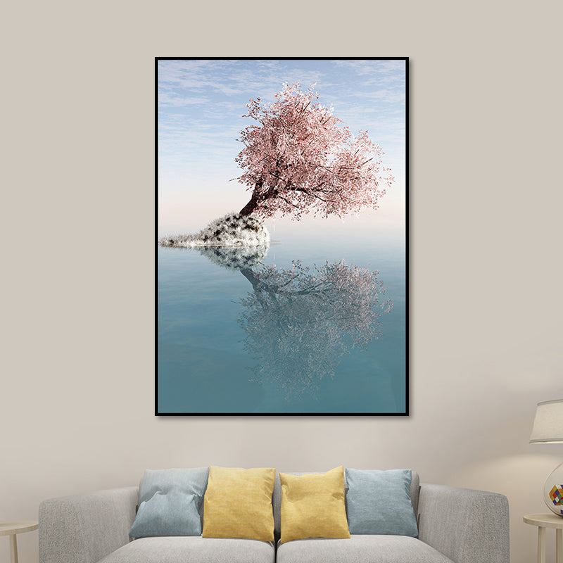 Blossom Tree on Lake Art Print Contemporary Canvas Wall Decor in Pink for Bedroom