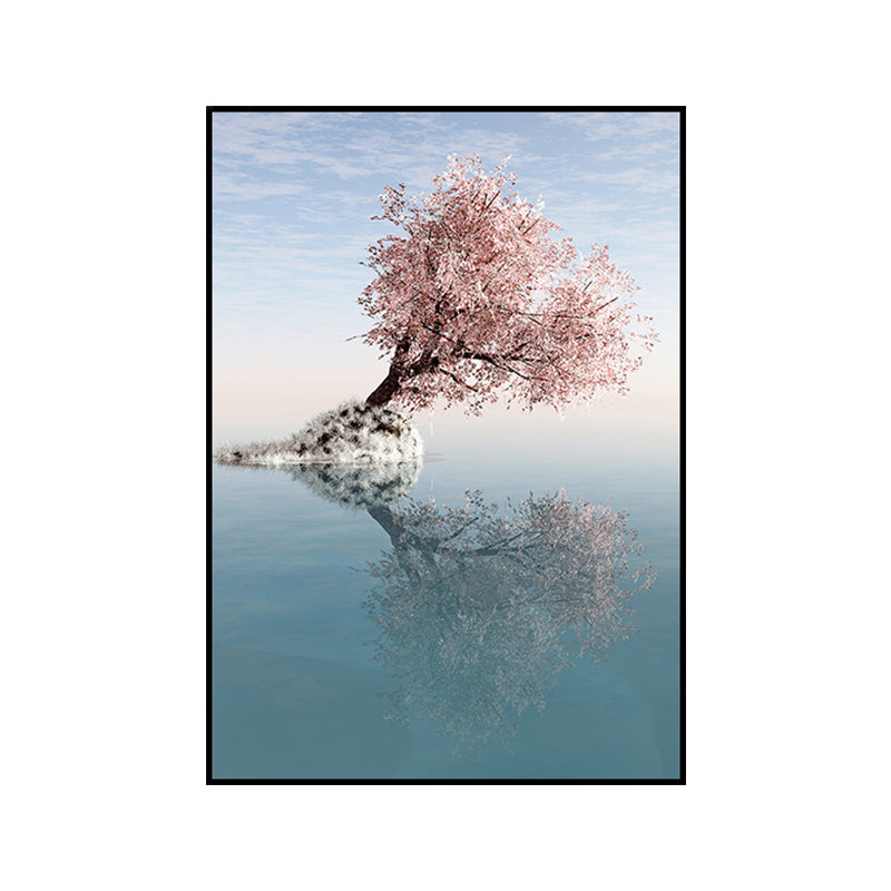 Blossom Tree on Lake Art Print Contemporary Canvas Wall Decor in Pink for Bedroom