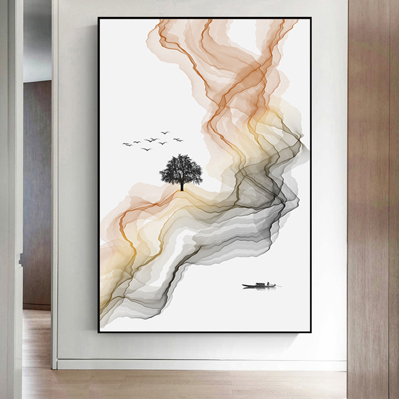 White Asian Style Wall Art Water Flow and Boat Landscape Canvas Print for Living Room