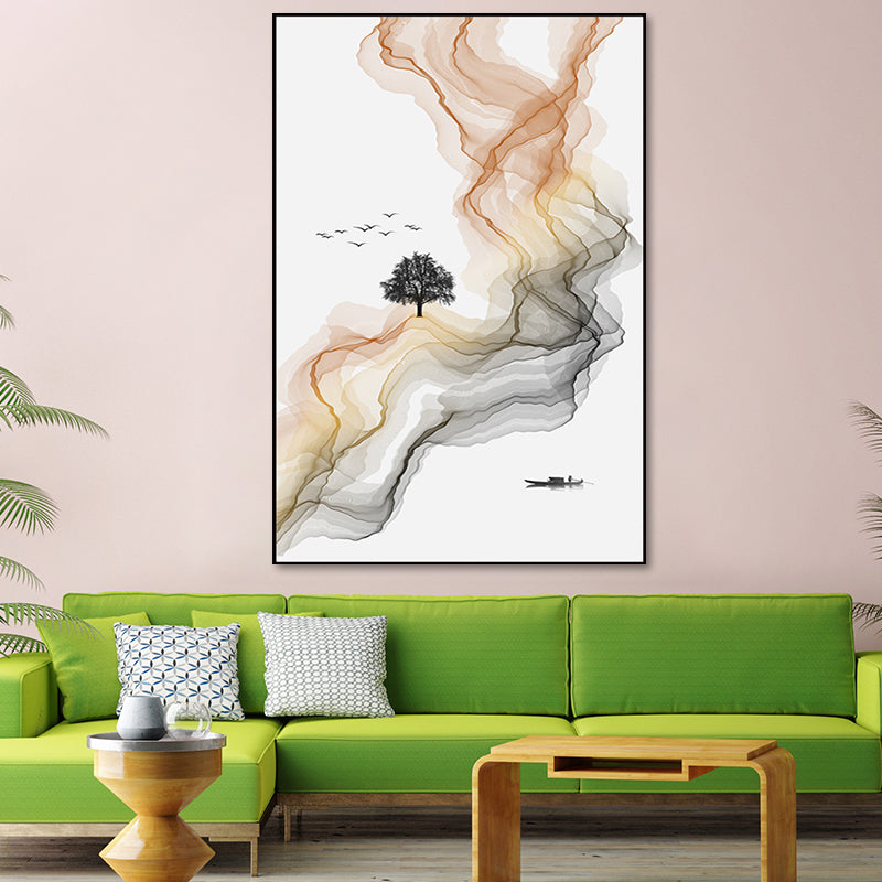 White Asian Style Wall Art Water Flow and Boat Landscape Canvas Print for Living Room