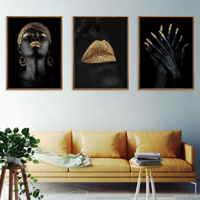 Gold Glam Canvas Wall Art Photographs Woman Face Paints Wall Decor for Living Room