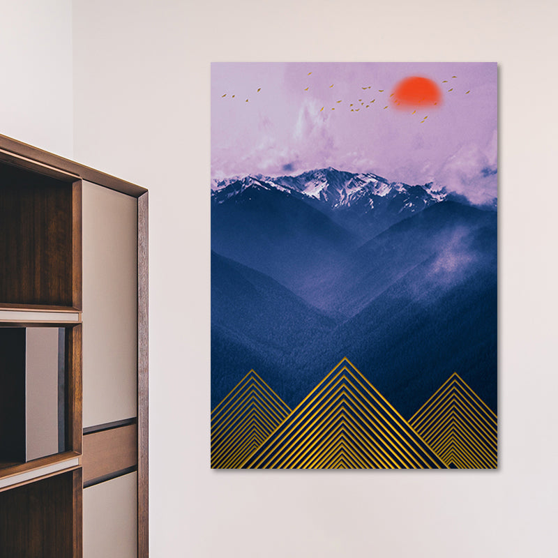 Asian Mountain Landscape Canvas Art Purple Textured Wall Decor for House Interior