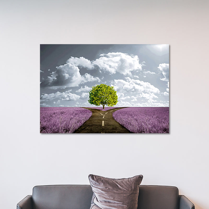 Purple Scenery Canvas Split Road of Flower Field Modernist Textured Wall Art