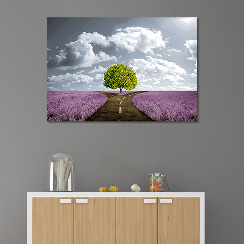 Purple Scenery Canvas Split Road of Flower Field Modernist Textured Wall Art