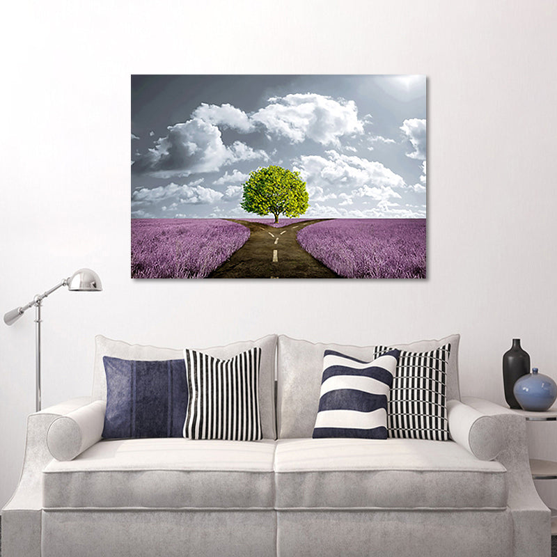 Purple Scenery Canvas Split Road of Flower Field Modernist Textured Wall Art