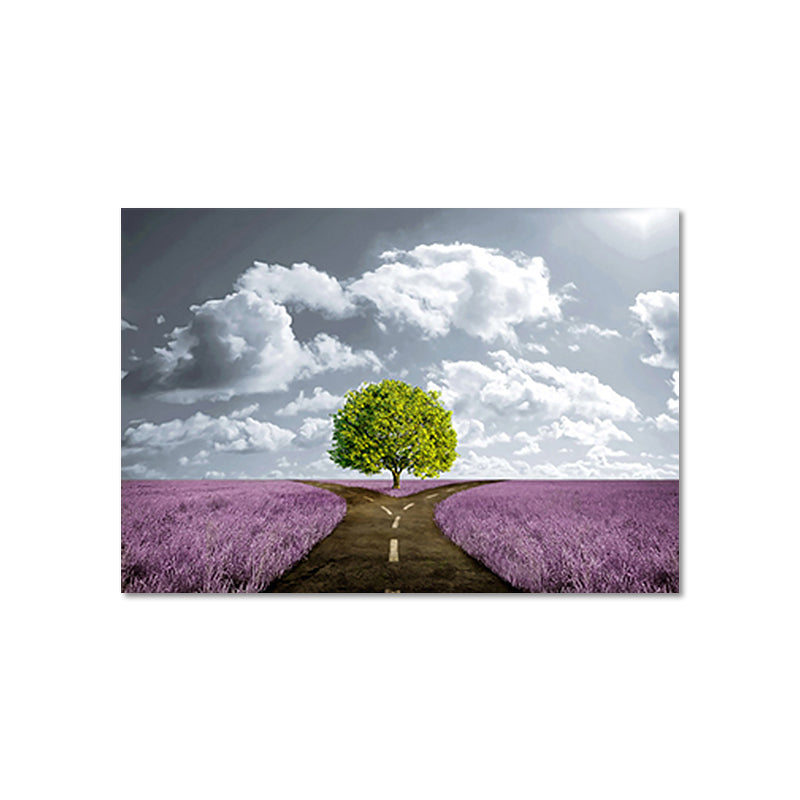 Purple Scenery Canvas Split Road of Flower Field Modernist Textured Wall Art