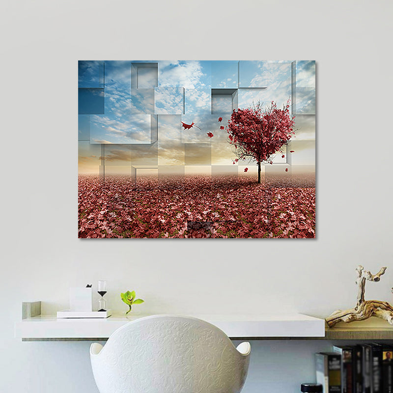 Textured Blue Canvas Print Modern Heart Shaped Tree and Fallen Leaves Wall Art Decor