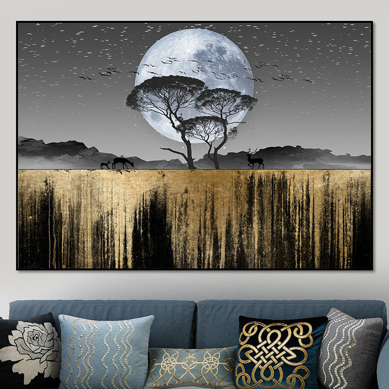 Country Scenery Wall Decor Black Super Moon Night Wilds Landscape Wall Art Print for Home