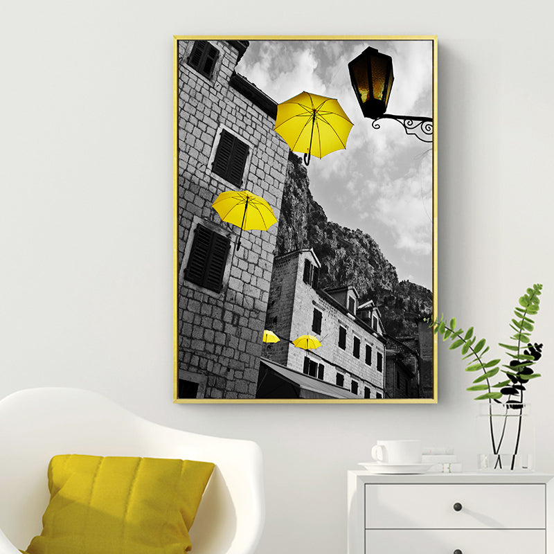 Photo Architecture Wall Art Vintage Textured House Interior Canvas Print in Yellow and Grey