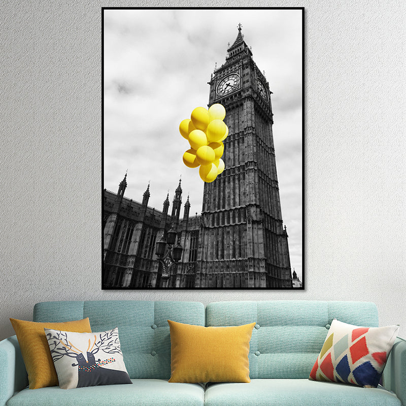 Photo Architecture Wall Art Vintage Textured House Interior Canvas Print in Yellow and Grey