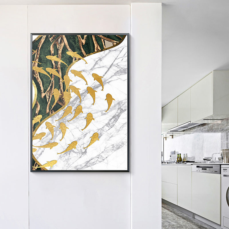 Fish Flock Wall Art Decor Textured Contemporary Kitchen Canvas Print in White and Gold