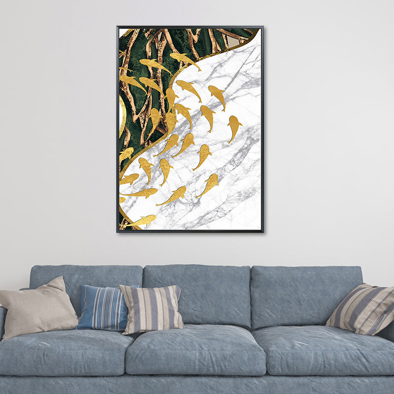 Fish Flock Wall Art Decor Textured Contemporary Kitchen Canvas Print in White and Gold