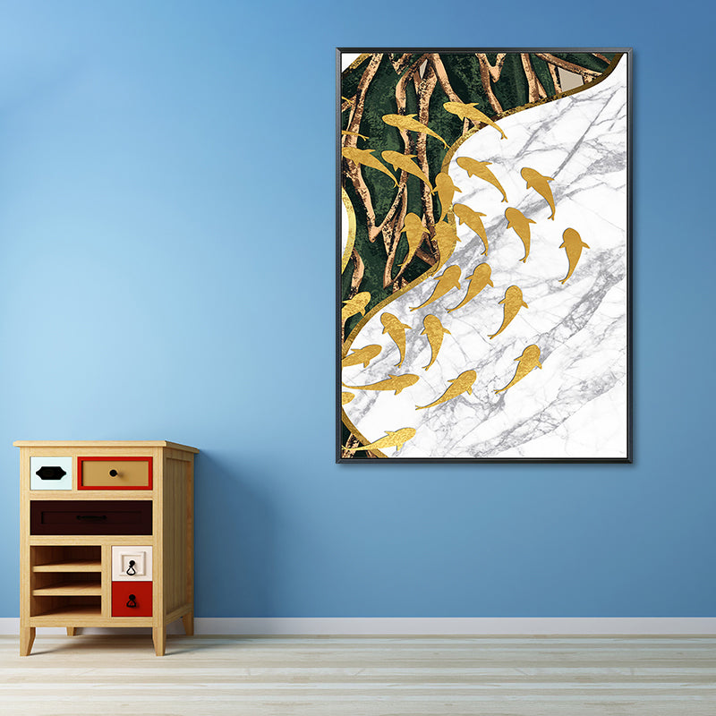 Fish Flock Wall Art Decor Textured Contemporary Kitchen Canvas Print in White and Gold