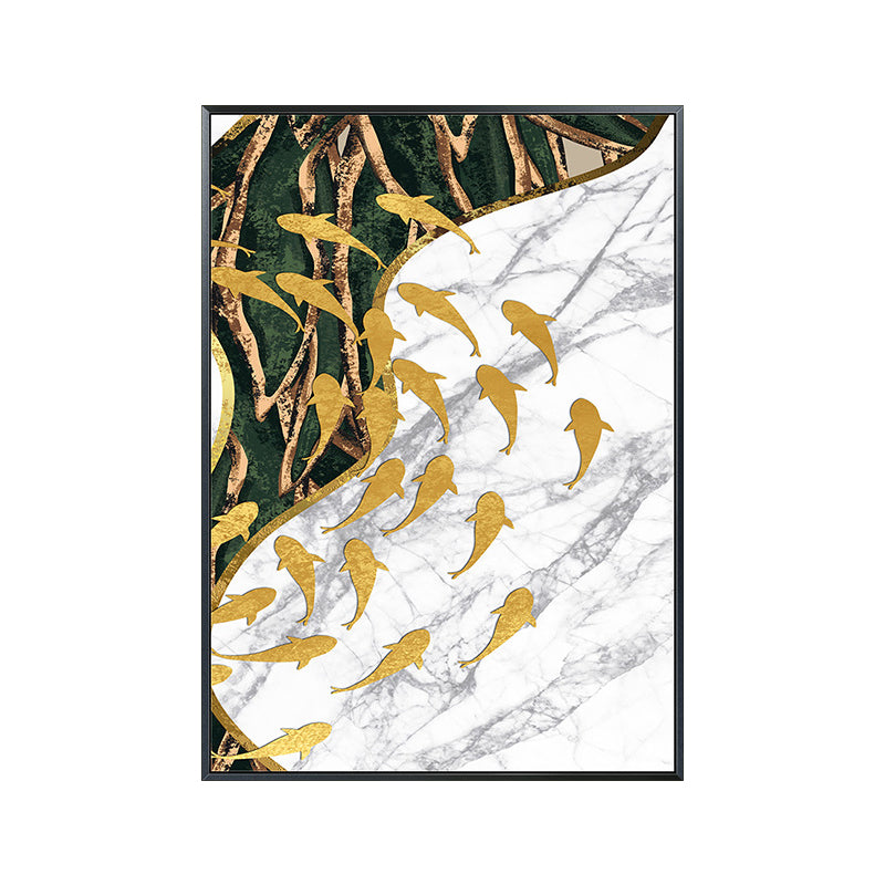 Fish Flock Wall Art Decor Textured Contemporary Kitchen Canvas Print in White and Gold