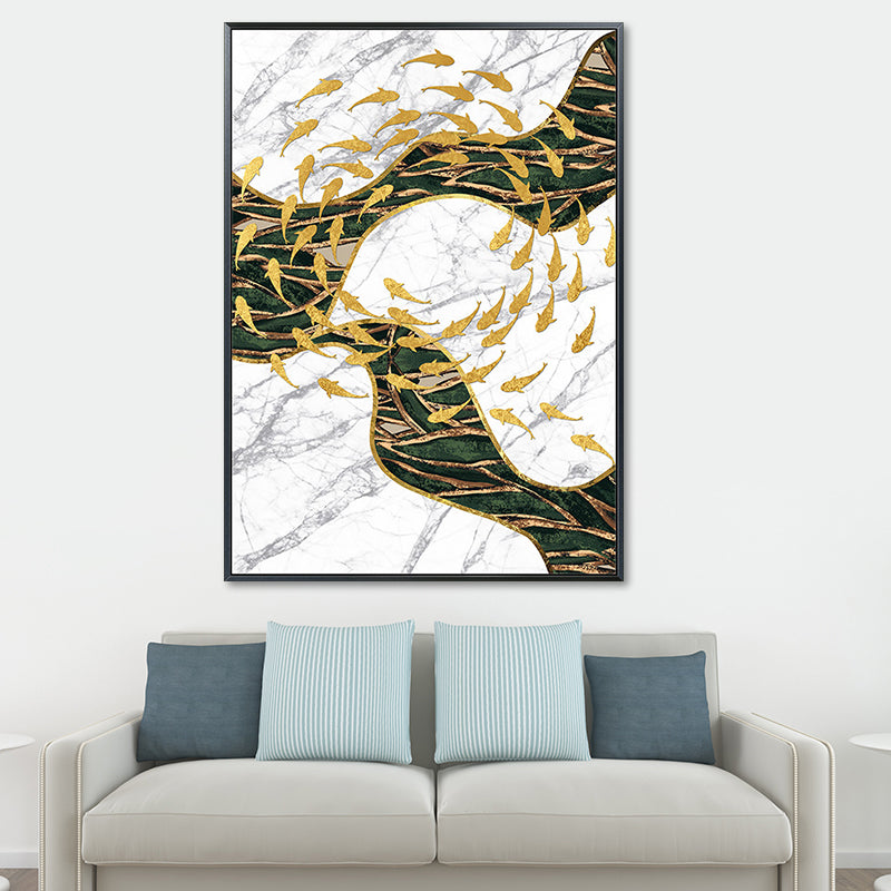 Fish Flock Wall Art Decor Textured Contemporary Kitchen Canvas Print in White and Gold