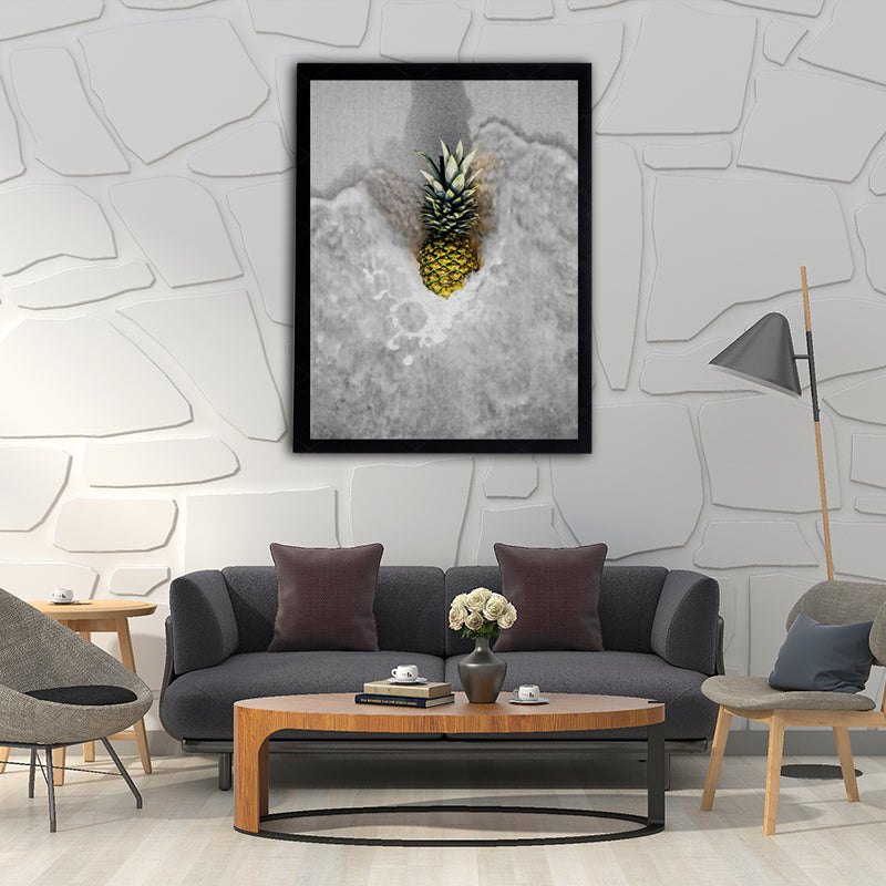 Photographic Pineapple and Water Canvas Wall Art for Living Room, Grey and Yellow