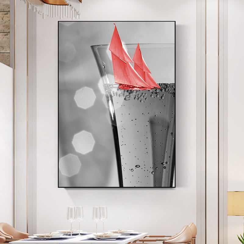 Mixed Media Wine Glass Art Print for Dining Room, Red and Grey, Textured Surface