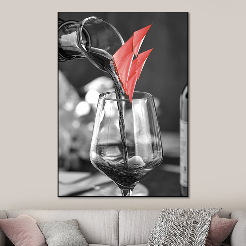 Mixed Media Wine Glass Art Print for Dining Room, Red and Grey, Textured Surface