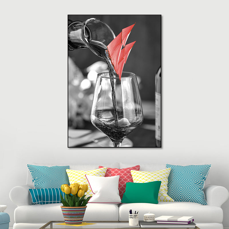 Mixed Media Wine Glass Art Print for Dining Room, Red and Grey, Textured Surface