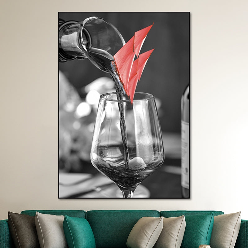 Mixed Media Wine Glass Art Print for Dining Room, Red and Grey, Textured Surface