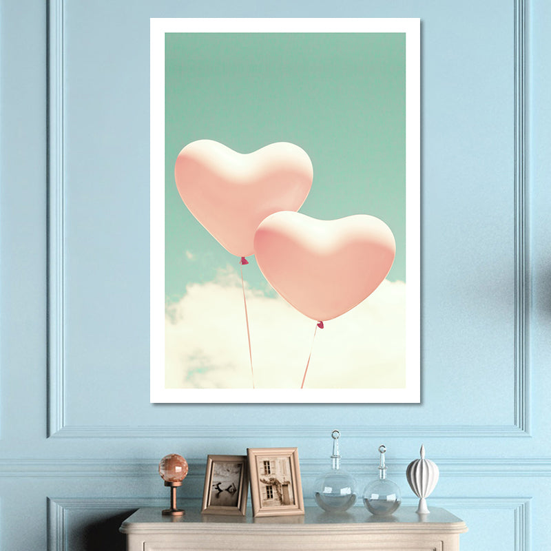 Heart-Shaped Balloons Wall Art Pink and Green Modernist Canvas Print for Girls Room