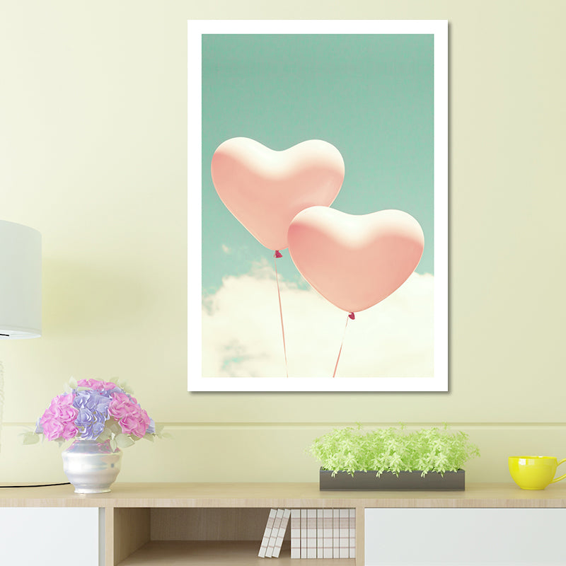 Heart-Shaped Balloons Wall Art Pink and Green Modernist Canvas Print for Girls Room