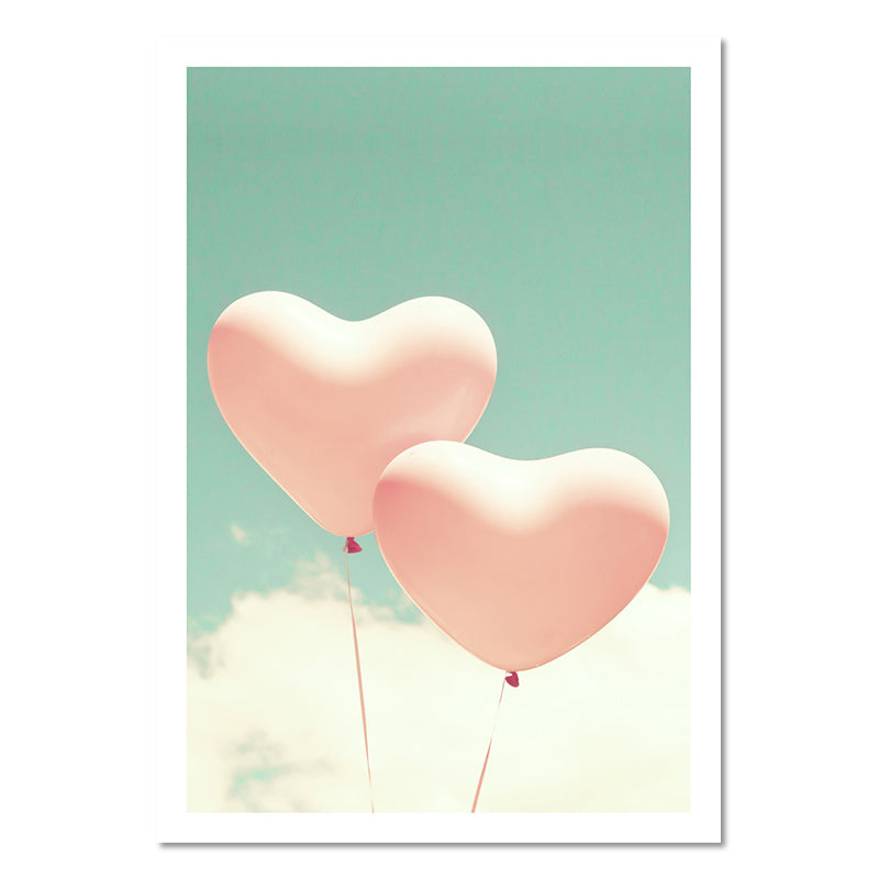 Heart-Shaped Balloons Wall Art Pink and Green Modernist Canvas Print for Girls Room