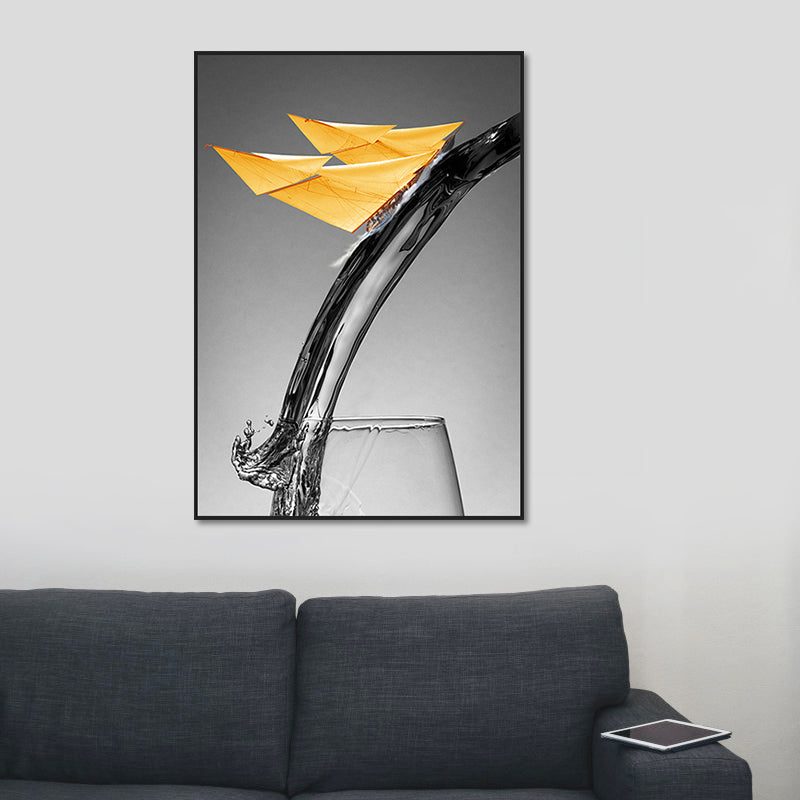 Canvas Textured Wall Decor Modern Novelty Boat Flowing into Wine Glass Art Print in Yellow