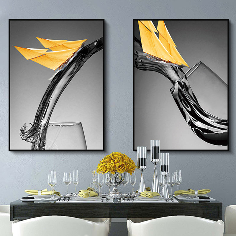 Canvas Textured Wall Decor Modern Novelty Boat Flowing into Wine Glass Art Print in Yellow