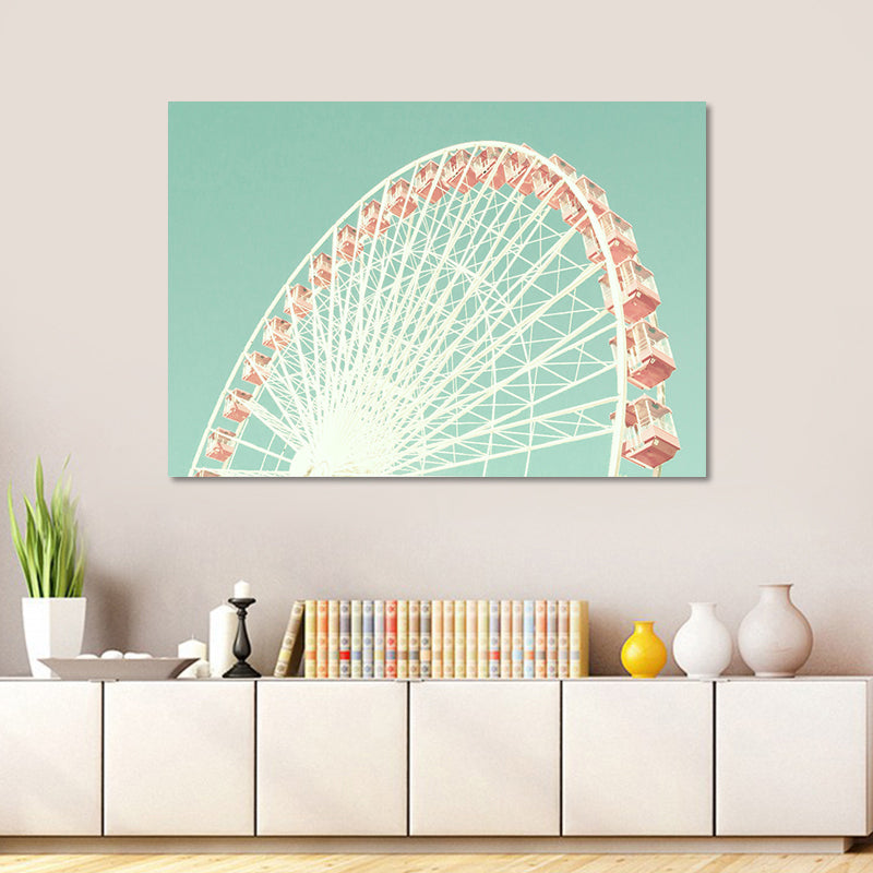 Ferris Wheel Wall Art Print Modern Textured Canvas in Pink on Green for Kids Room