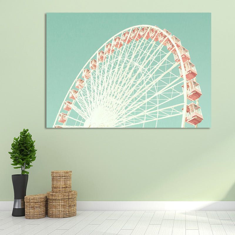 Ferris Wheel Wall Art Print Modern Textured Canvas in Pink on Green for Kids Room