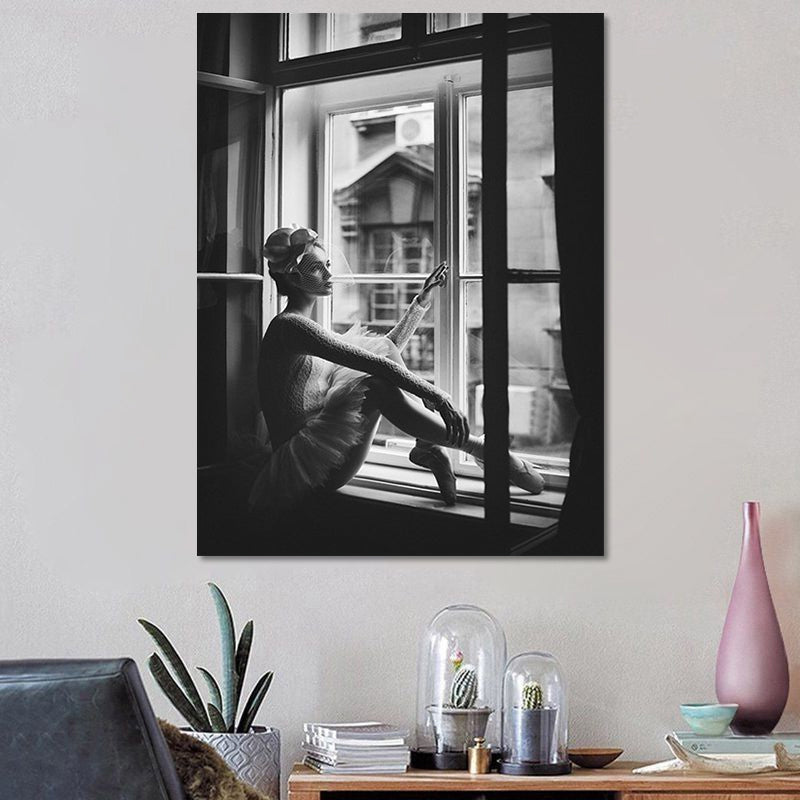 Nostalgic Canvas Wall Art Grey Photograph Ballet Dancer at the Window Wall Decor