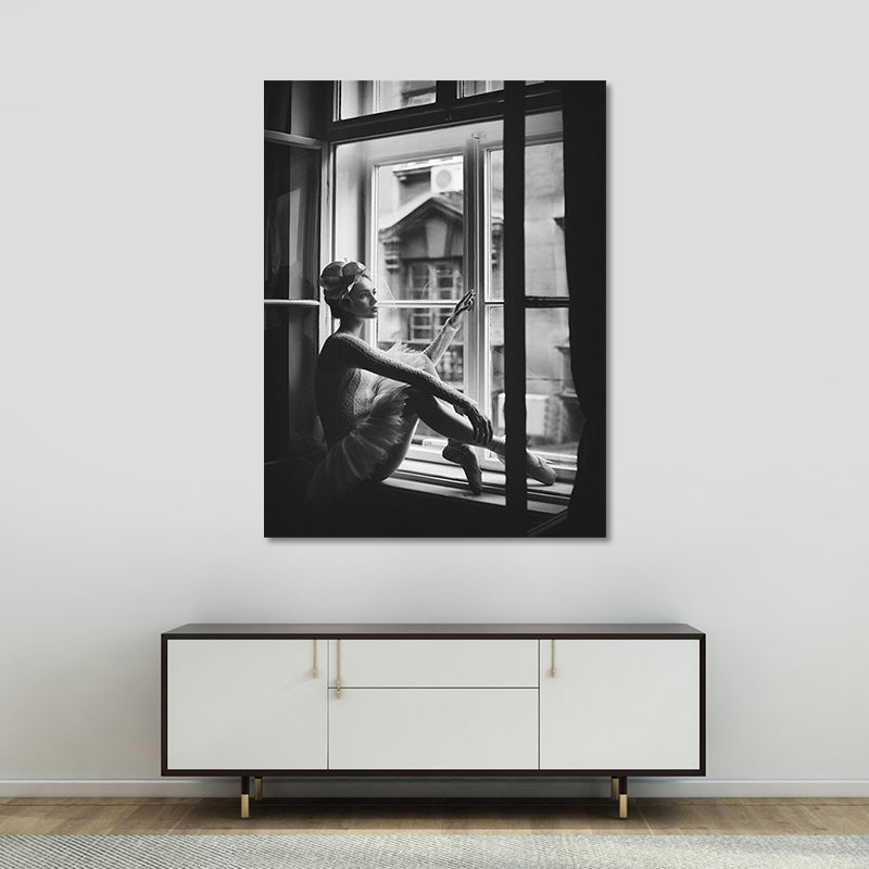 Nostalgic Canvas Wall Art Grey Photograph Ballet Dancer at the Window Wall Decor